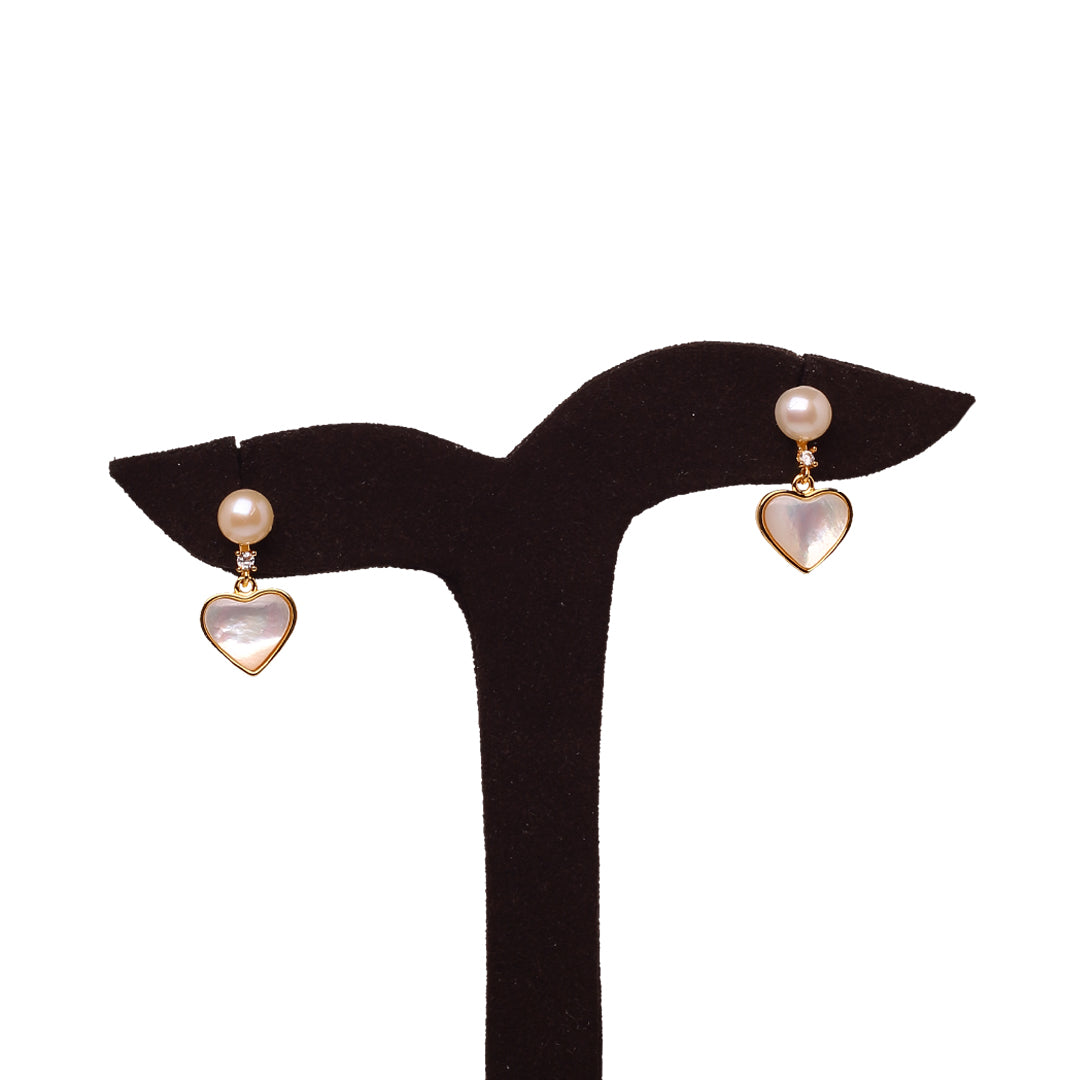 Pearl Heart Drop Earrings with Gold Accents