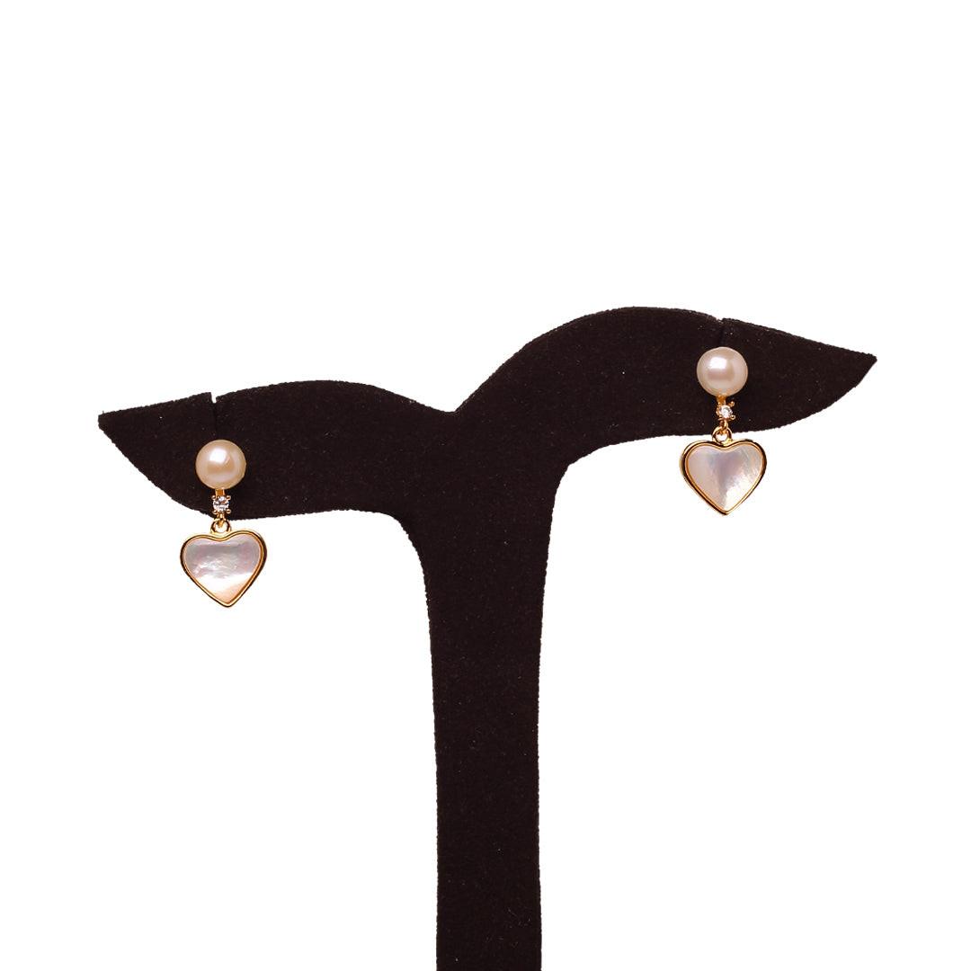 Pearl Heart Drop Earrings with Gold Accents