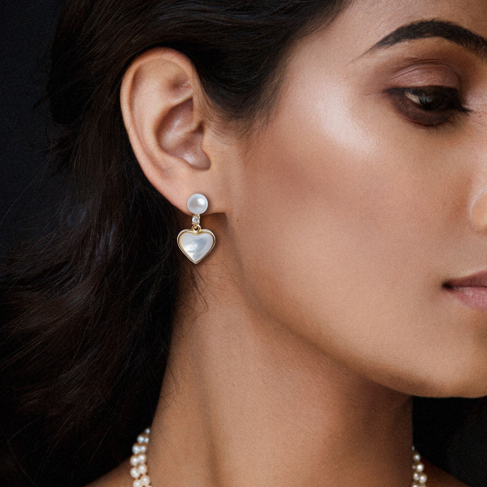 Pearl Heart Drop Earrings with Gold Accents