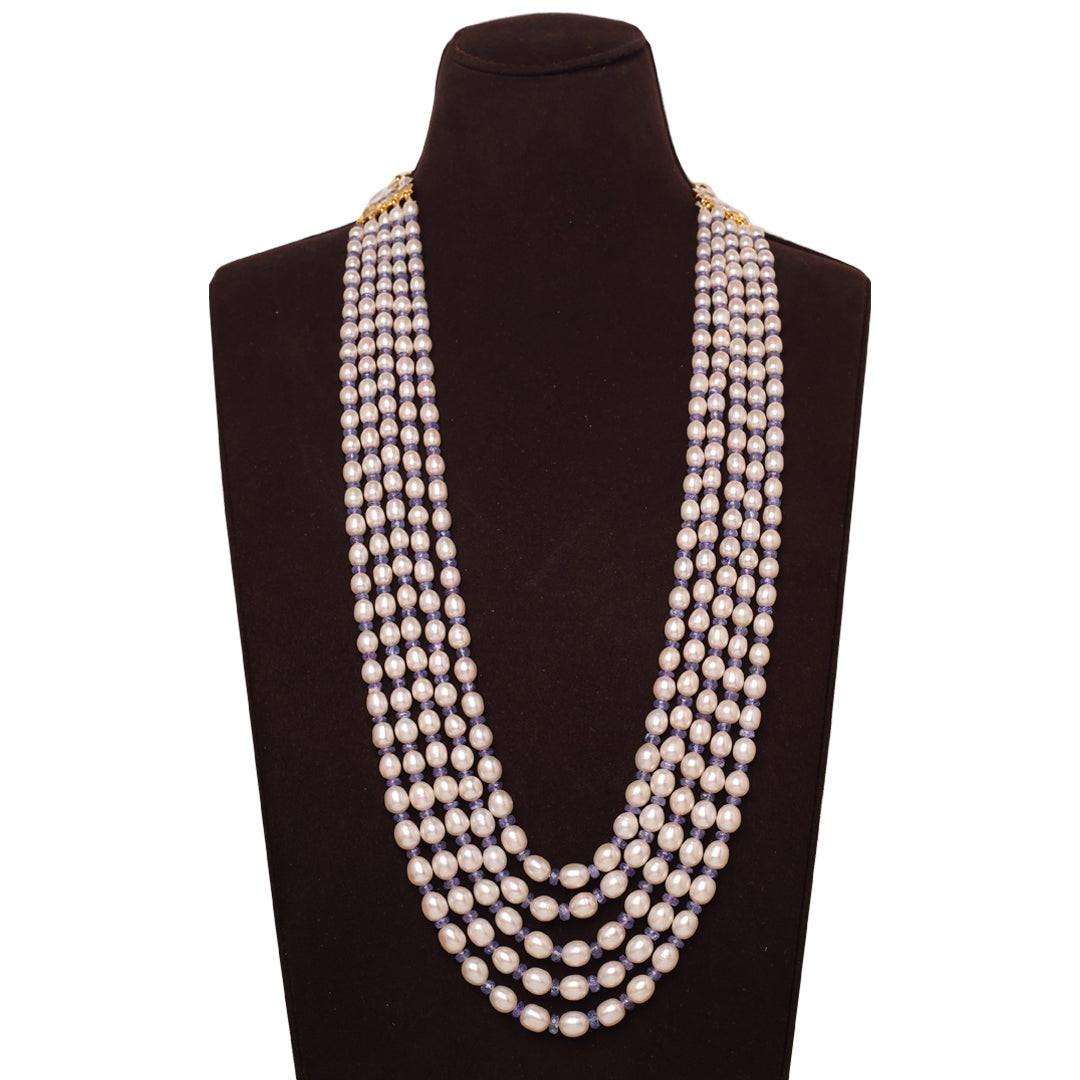 Freshwater White Oval Pearl & Tanzanite Beads Necklace