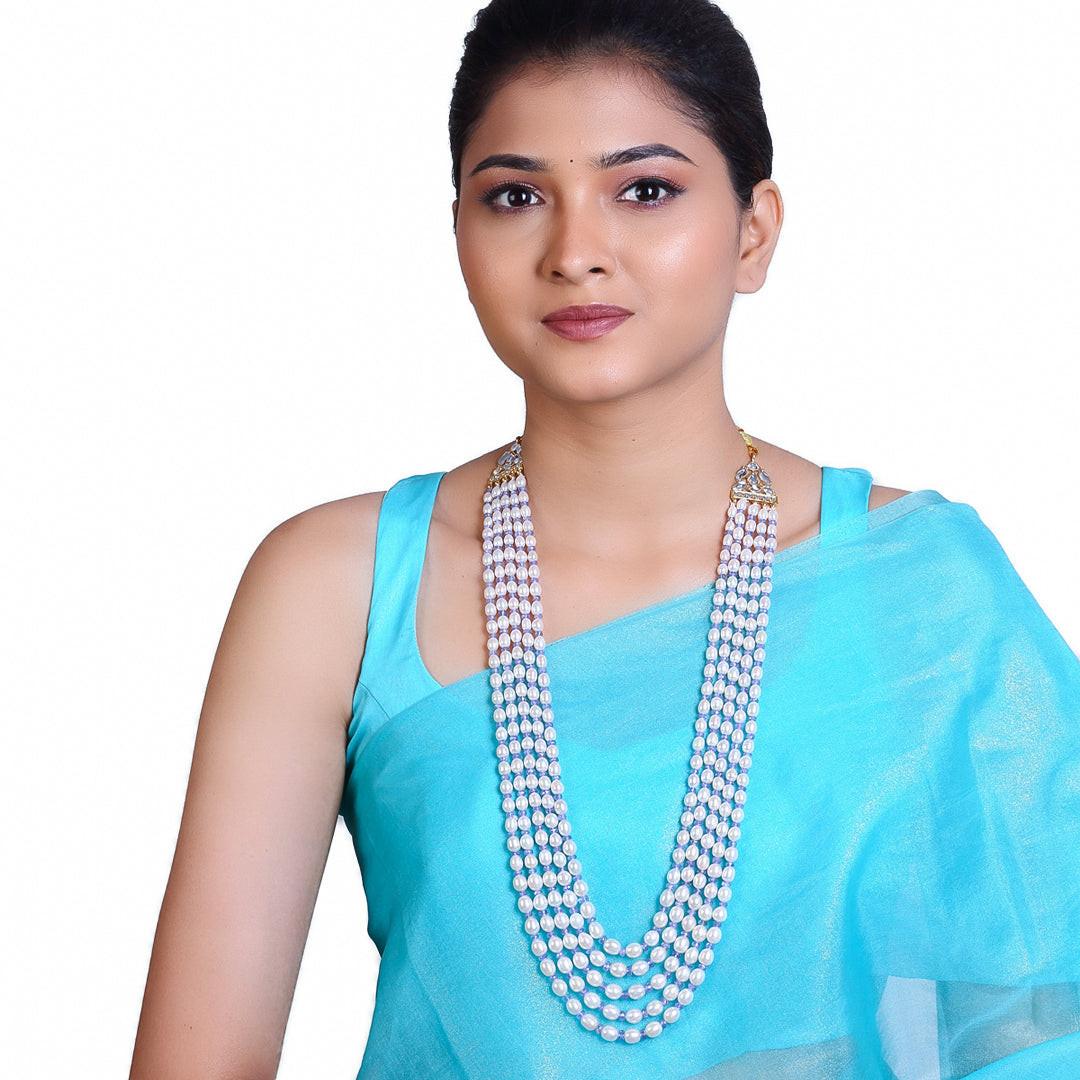 Freshwater White Oval Pearl & Tanzanite Beads Necklace