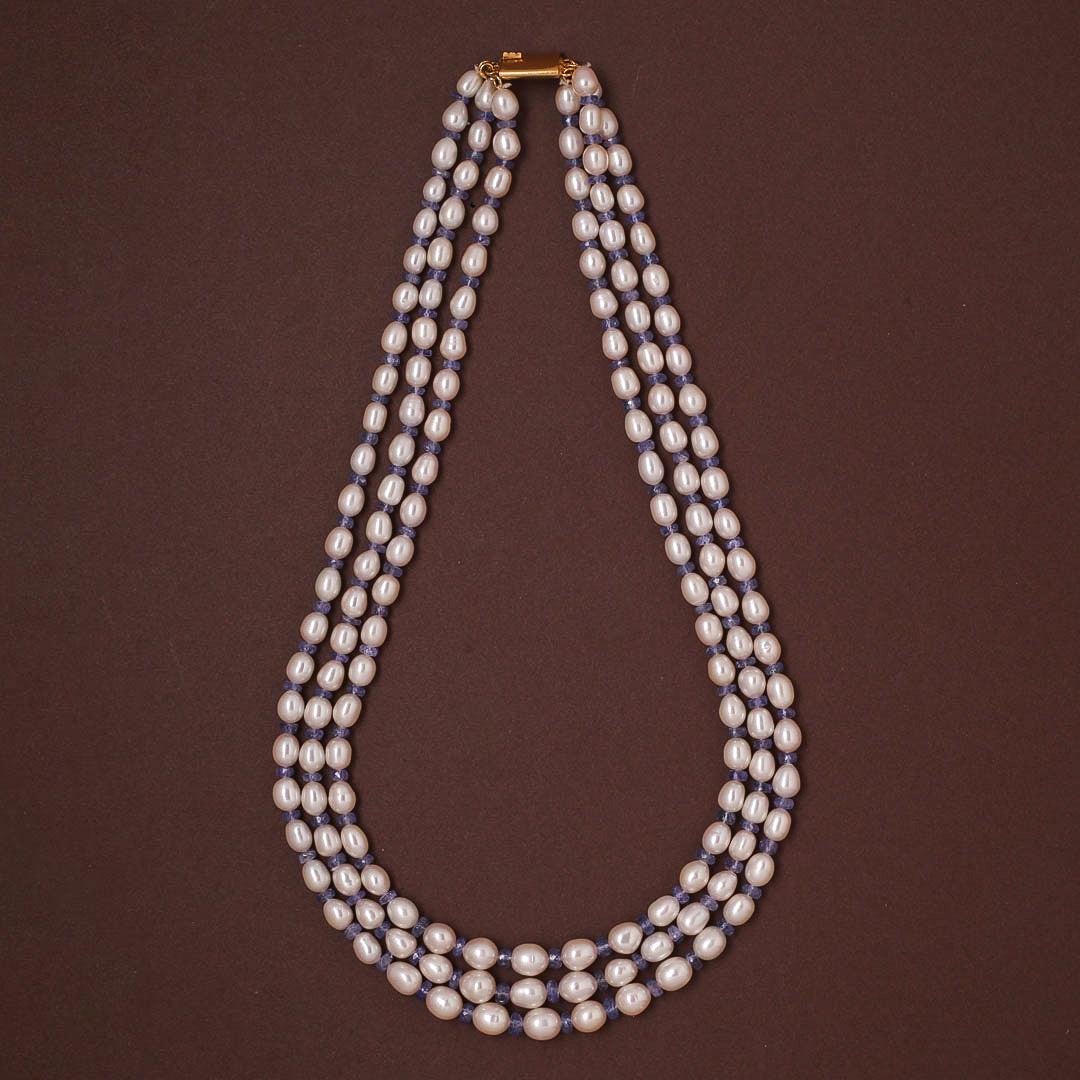Freshwater White Oval Pearl & Tanzanite Beads Necklace