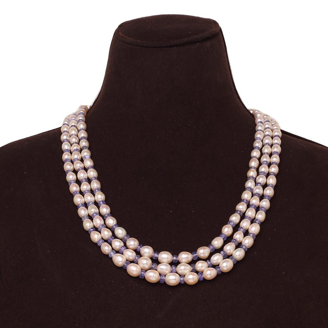 Freshwater White Oval Pearl & Tanzanite Beads Necklace