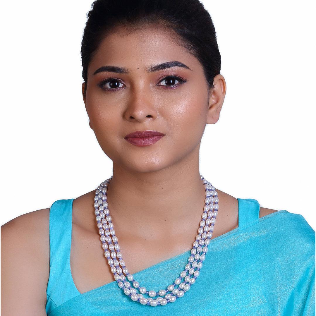 Freshwater White Oval Pearl & Tanzanite Beads Necklace