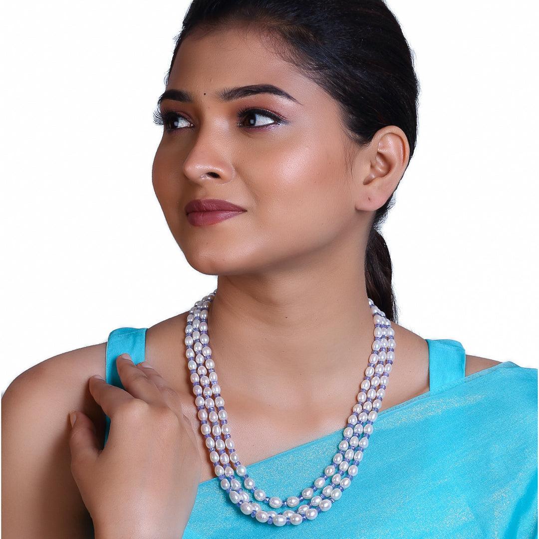 Freshwater White Oval Pearl & Tanzanite Beads Necklace