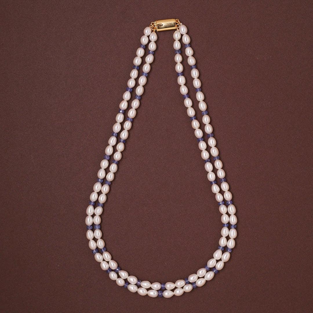 Freshwater White Oval Pearl & Tanzanite Beads Necklace