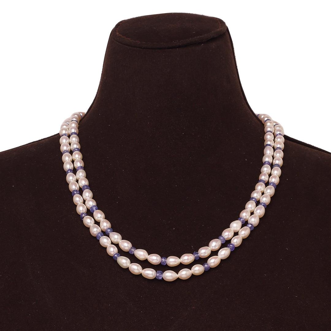 Freshwater White Oval Pearl & Tanzanite Beads Necklace
