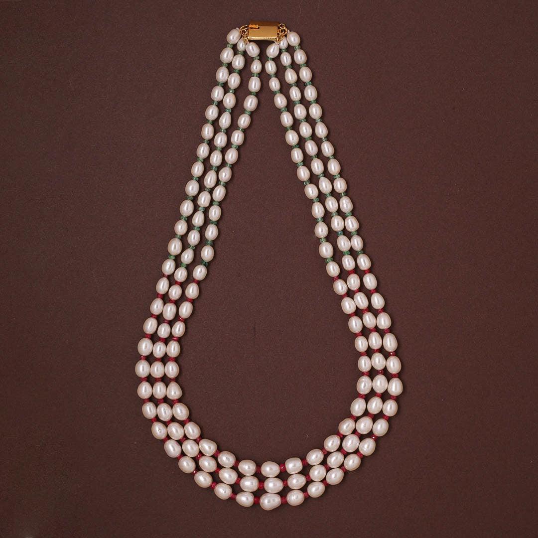 Freshwater White Oval Pearl Necklace with Ruby & Emerald Beads Necklace