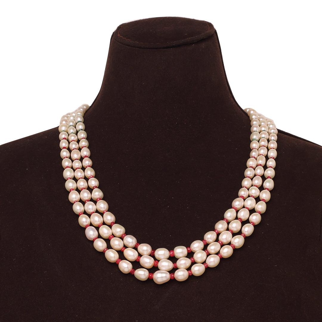 Freshwater White Oval Pearl Necklace with Ruby & Emerald Beads Necklace