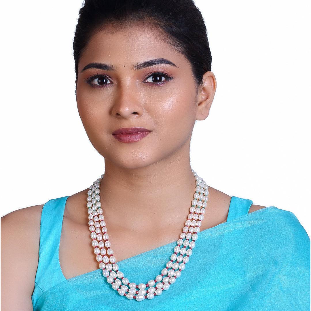 Freshwater White Oval Pearl Necklace with Ruby & Emerald Beads Necklace