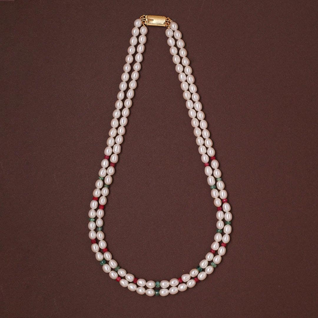 Freshwater White Oval Pearl Necklace with Ruby & Emerald Beads Necklace