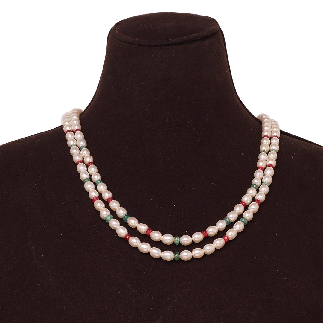 Freshwater White Oval Pearl Necklace with Ruby & Emerald Beads Necklace