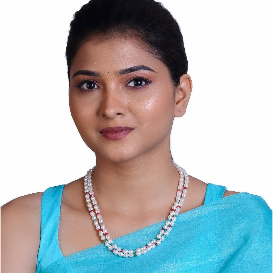Freshwater White Oval Pearl Necklace with Ruby & Emerald Beads Necklace