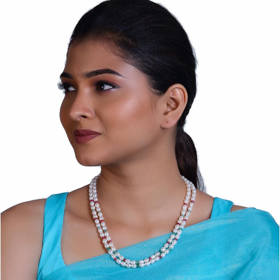 Freshwater White Oval Pearl Necklace with Ruby & Emerald Beads Necklace