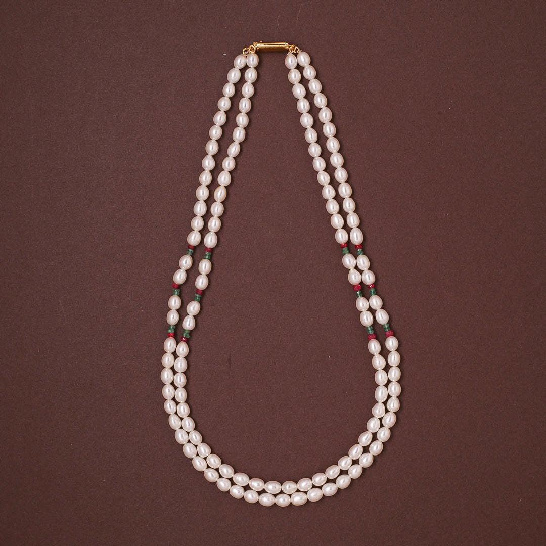 Freshwater White Oval Pearl Necklace with Ruby & Emerald Beads Necklace