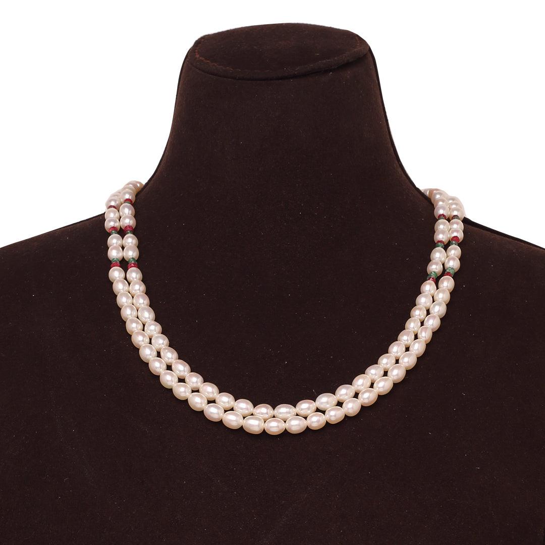 Freshwater White Oval Pearl Necklace with Ruby & Emerald Beads Necklace