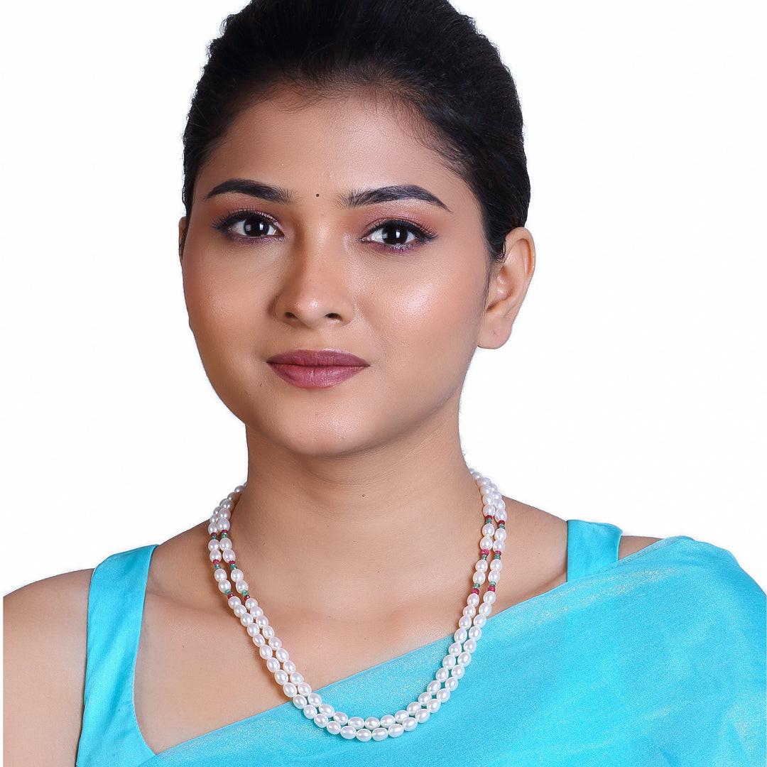 Freshwater White Oval Pearl Necklace with Ruby & Emerald Beads Necklace