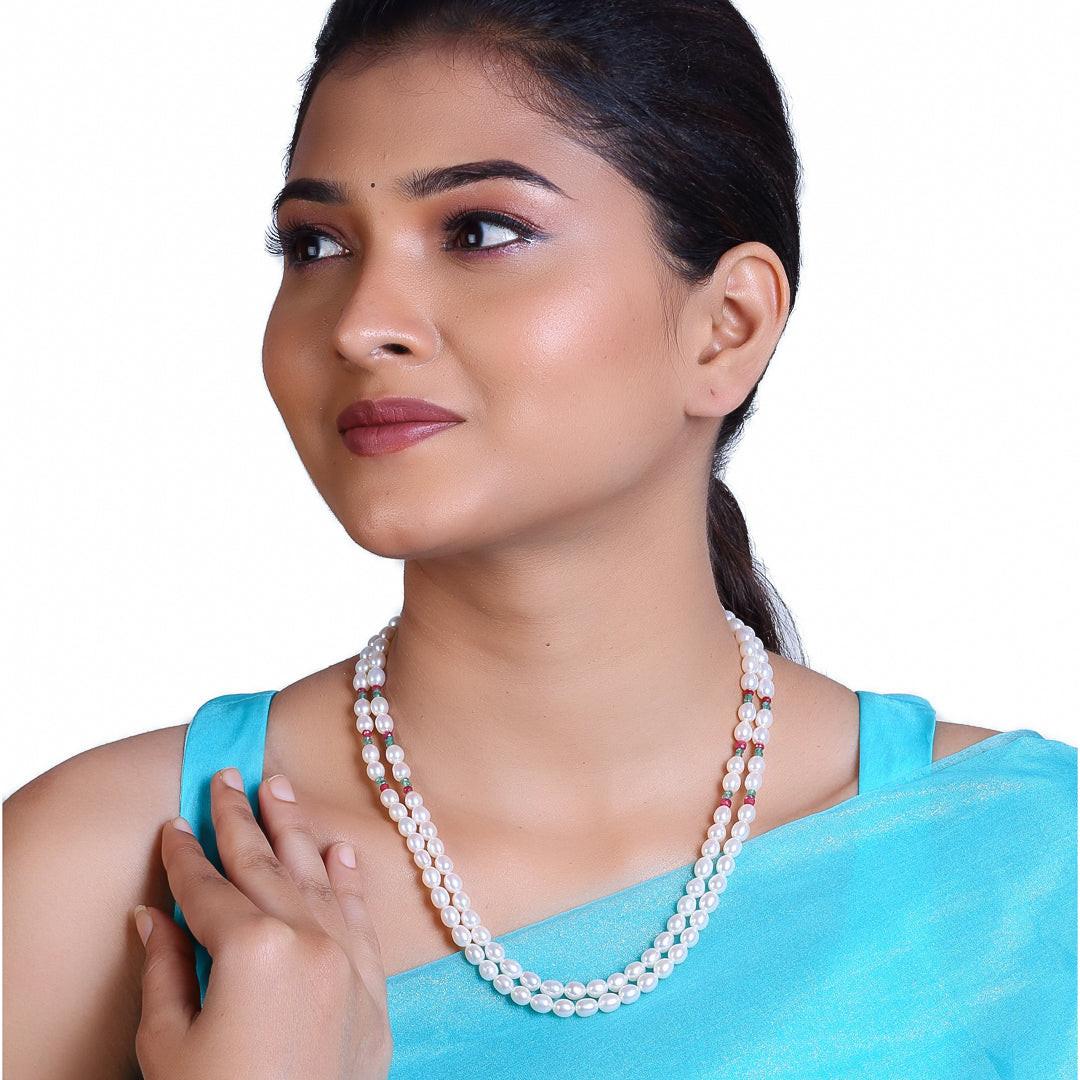 Freshwater White Oval Pearl Necklace with Ruby & Emerald Beads Necklace
