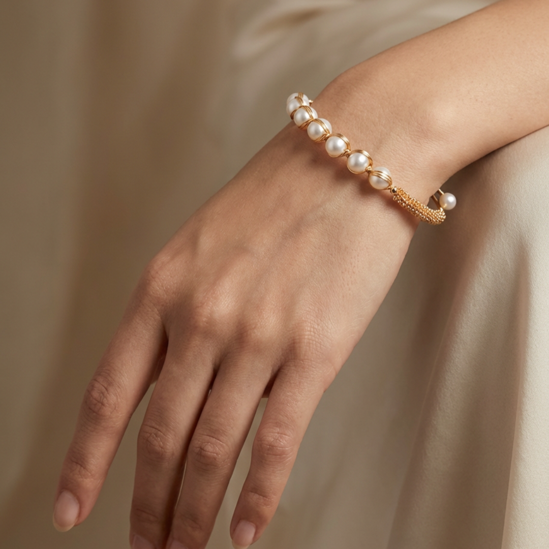 Classic Freshwater Pearl Open Bracelet in Gold Finish