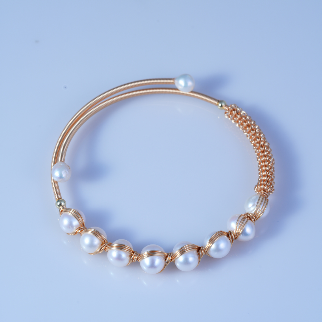 Classic Freshwater Pearl Open Bracelet in Gold Finish