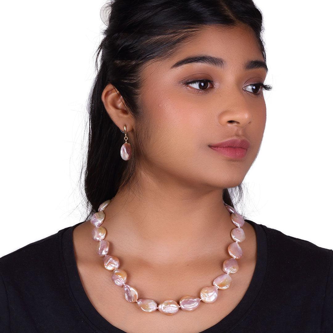 Freshwater Baroque Pink Coin Pearl Necklace Set