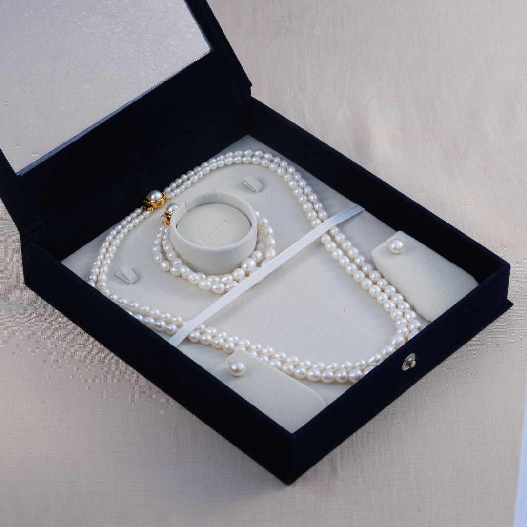 2-Row White Oval-Shaped Graded Freshwater Pearl Necklace Set with Matching Bracelet – 3.5–8.0mm, A Quality