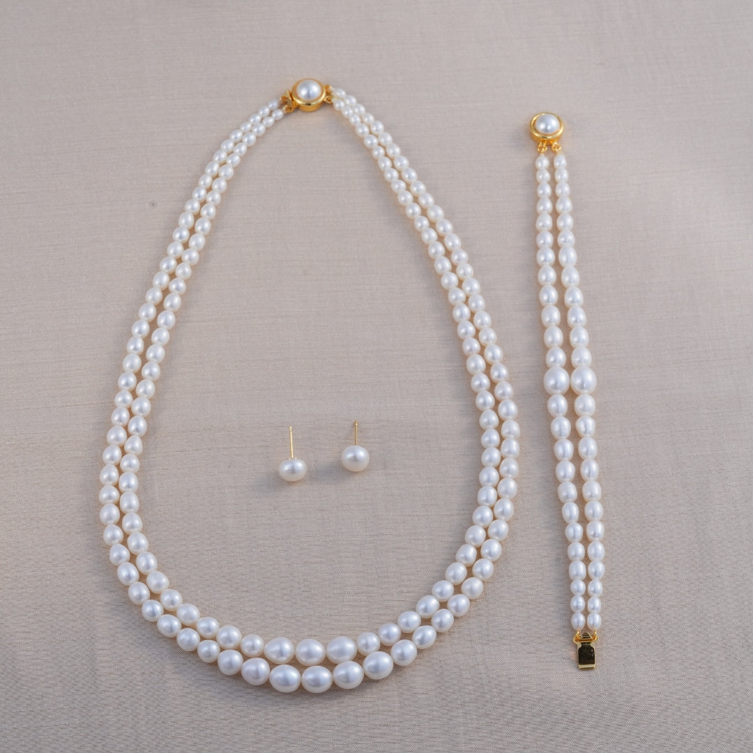 2-Row White Oval-Shaped Graded Freshwater Pearl Necklace Set with Matching Bracelet – 3.5–8.0mm, A Quality