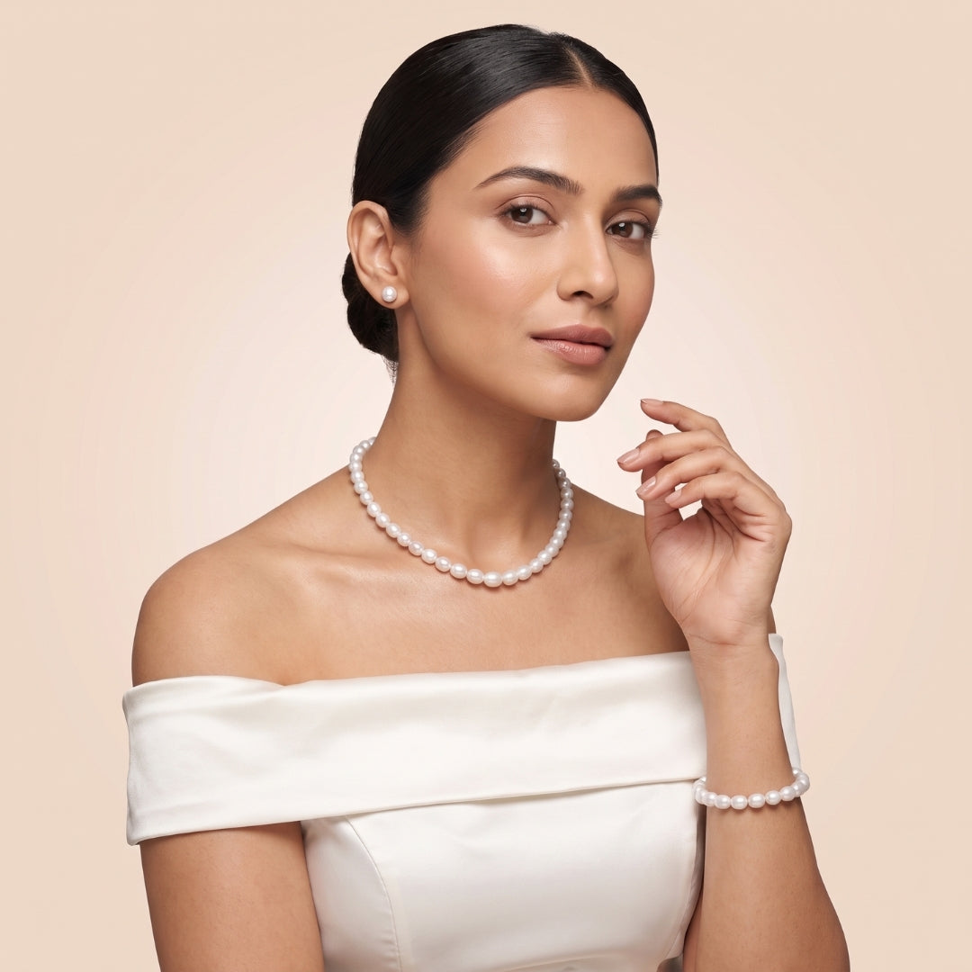 Single-Row White Oval-Shaped Graded Freshwater Pearl Necklace Set with Matching Bracelet – 3.5–8.0mm, A Quality
