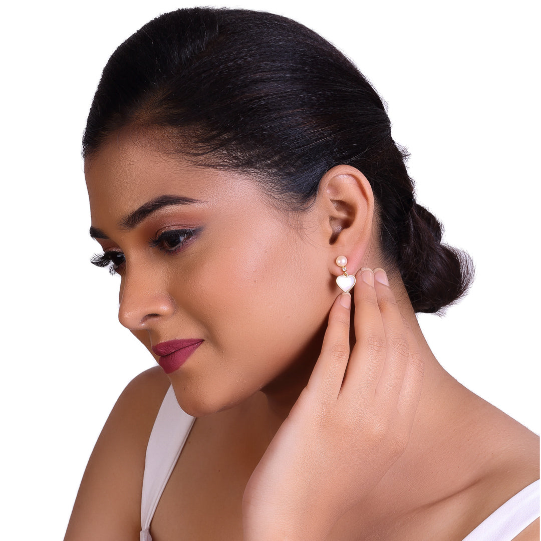 Pearl Heart Drop Earrings with Gold Accents
