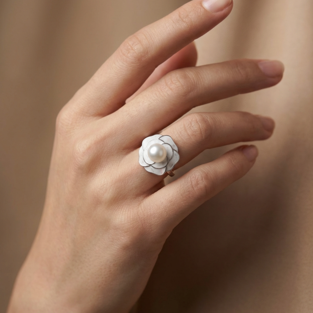 Timeless Pearl Flower White Finish Ring