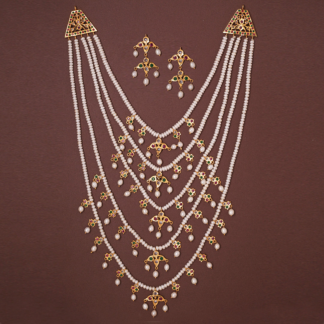 Exquisite Hyderabadi Panchlada Necklace Set with Semi-Precious Stones & Freshwater Pearls – A Five-Layered Masterpiece of Royal Elegance