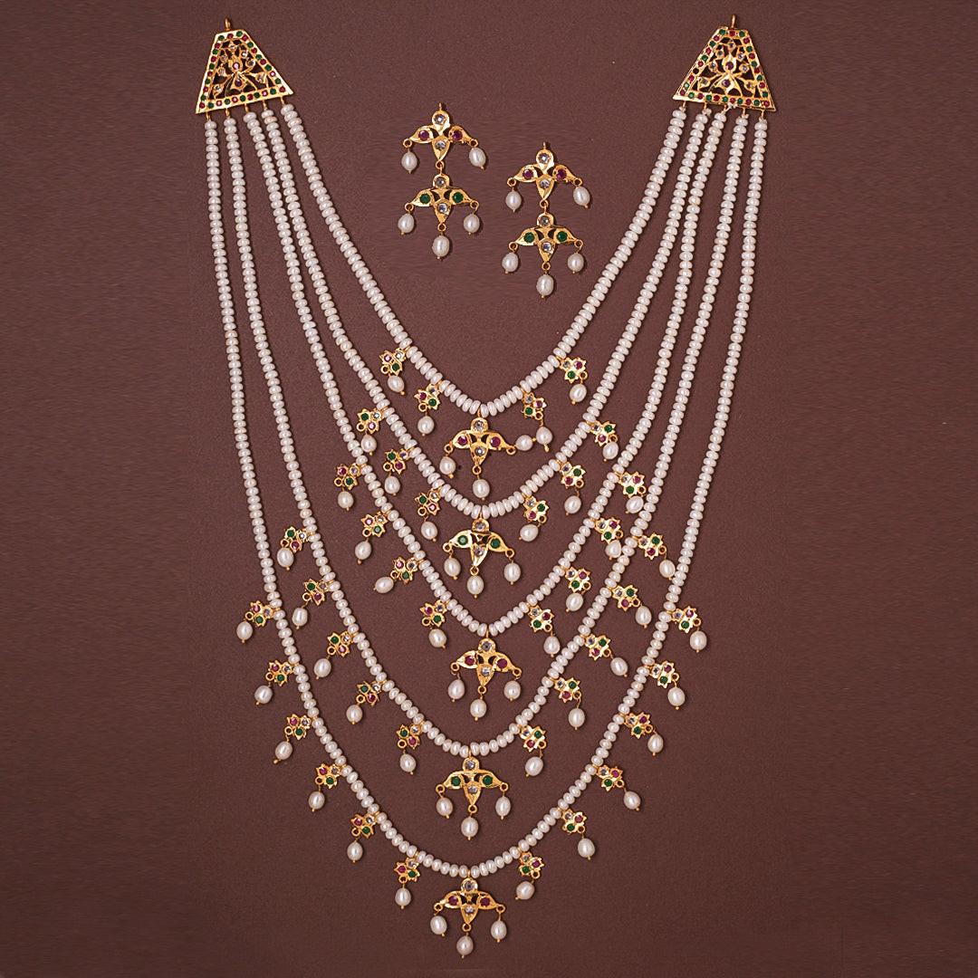 Exquisite Hyderabadi Panchlada Necklace Set with Semi-Precious Stones & Freshwater Pearls – A Five-Layered Masterpiece of Royal Elegance