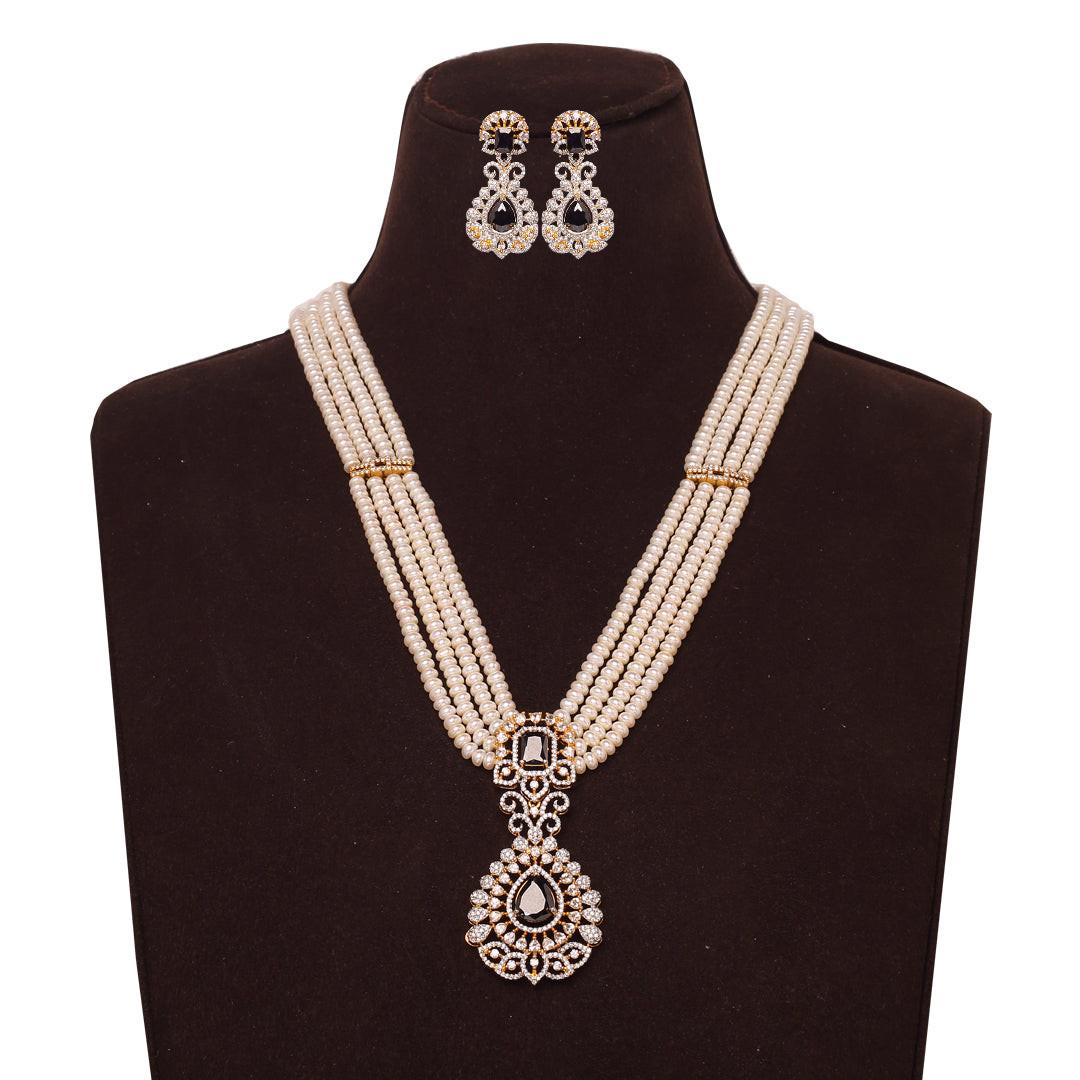 4-Layered White Freshwater Pearl Set with Blue Stone Studded Pendant