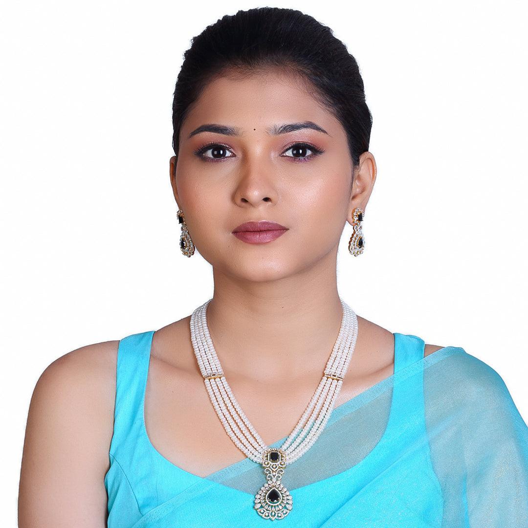 4-Layered White Freshwater Pearl Set with Blue Stone Studded Pendant