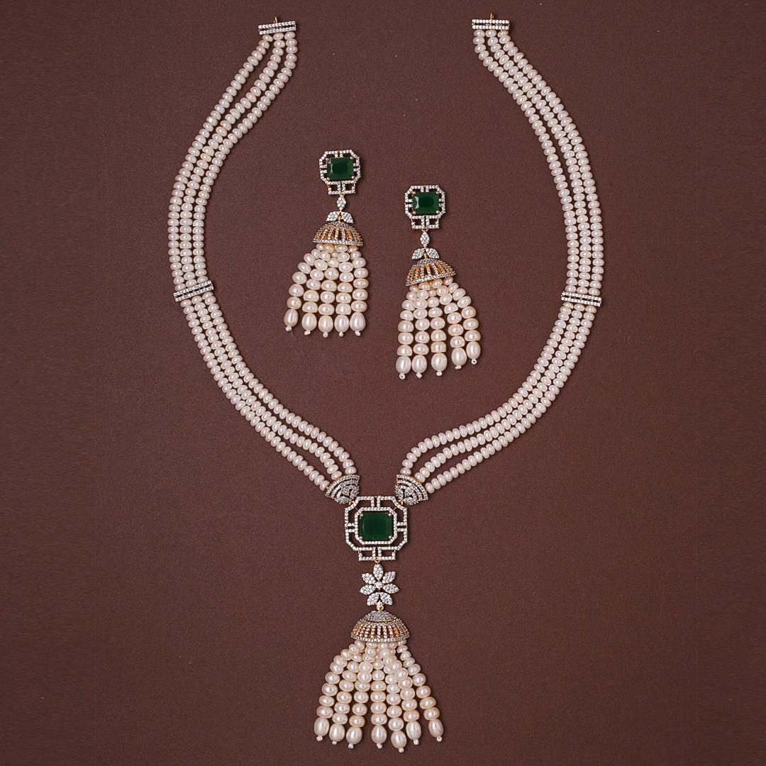 3-Layered White Freshwater Pearl Set with Green Stone Studded Pendant