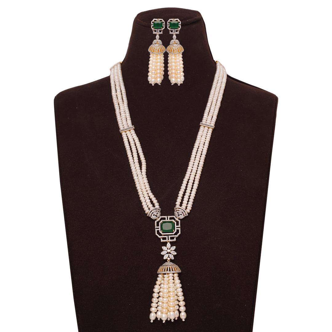 3-Layered White Freshwater Pearl Set with Green Stone Studded Pendant