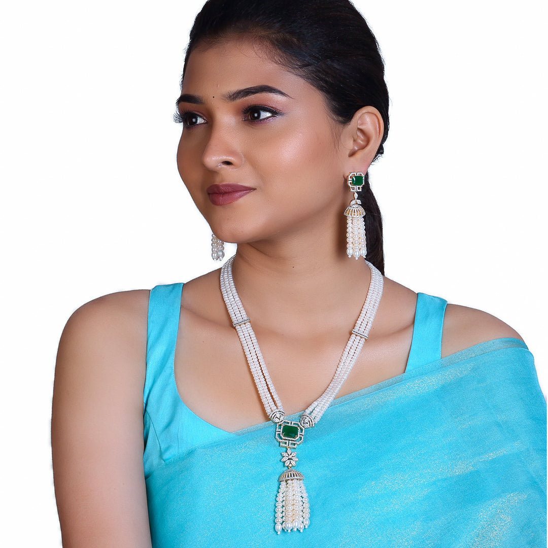 3-Layered White Freshwater Pearl Set with Green Stone Studded Pendant