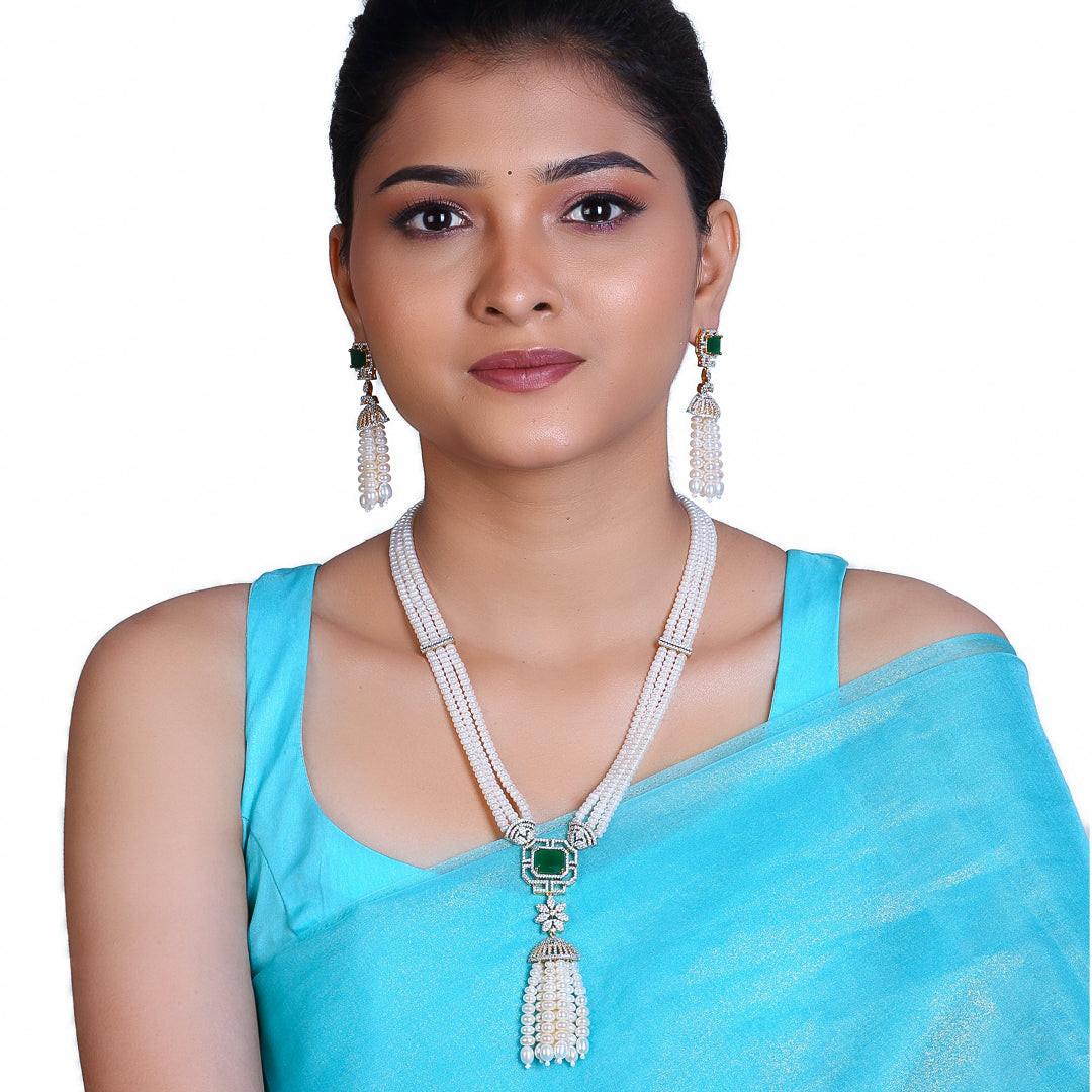 3-Layered White Freshwater Pearl Set with Green Stone Studded Pendant