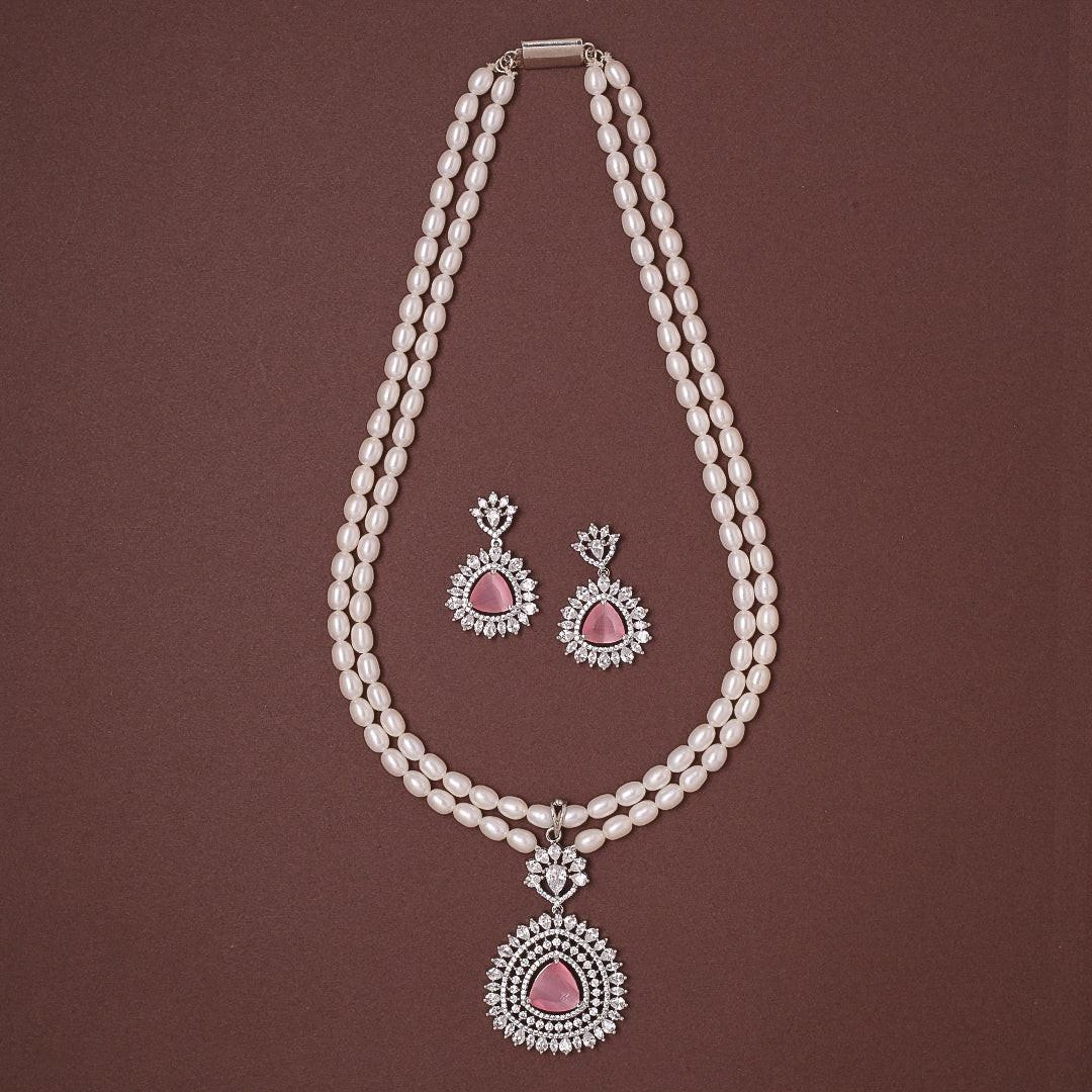 2-Layered White Freshwater Oval Shape Pearl Set with Pink Stone Studded Pendant