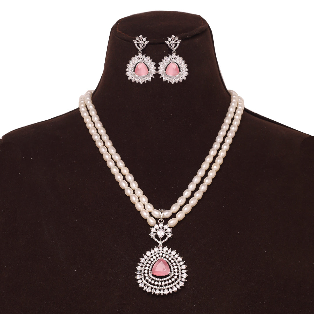2-Layered White Freshwater Oval Shape Pearl Set with Pink Stone Studded Pendant