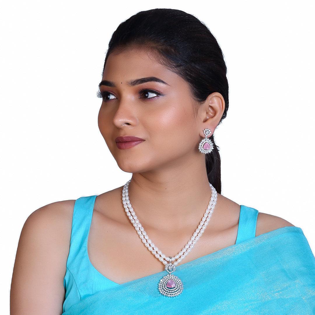 2-Layered White Freshwater Oval Shape Pearl Set with Pink Stone Studded Pendant