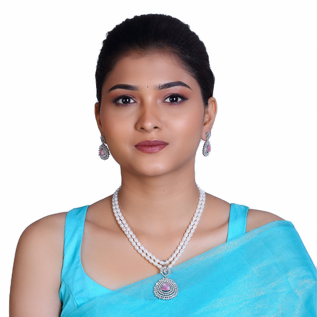 2-Layered White Freshwater Oval Shape Pearl Set with Pink Stone Studded Pendant
