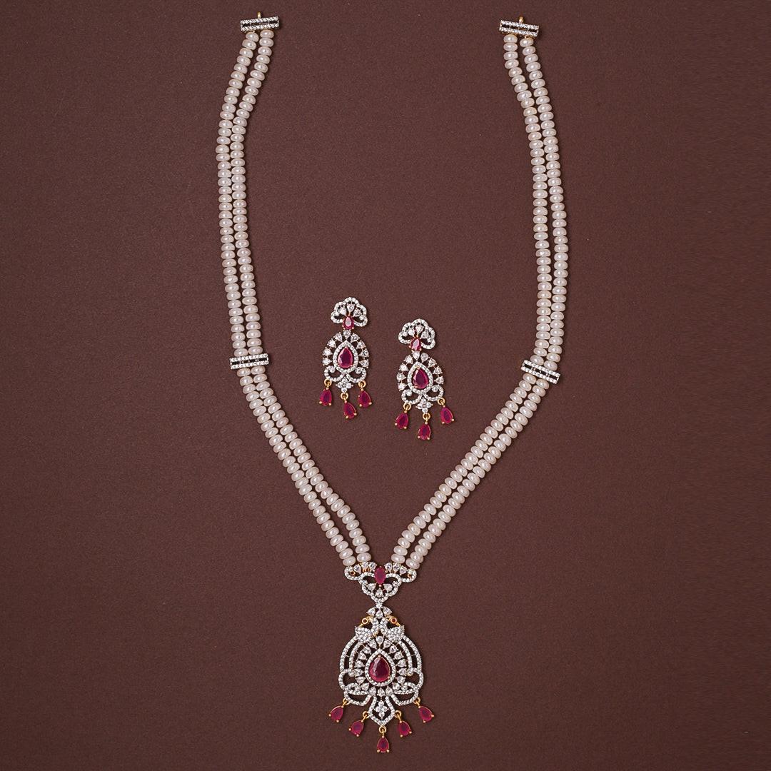 2-Layered White Freshwater Pearl Set with Red Stone Studded Pendant