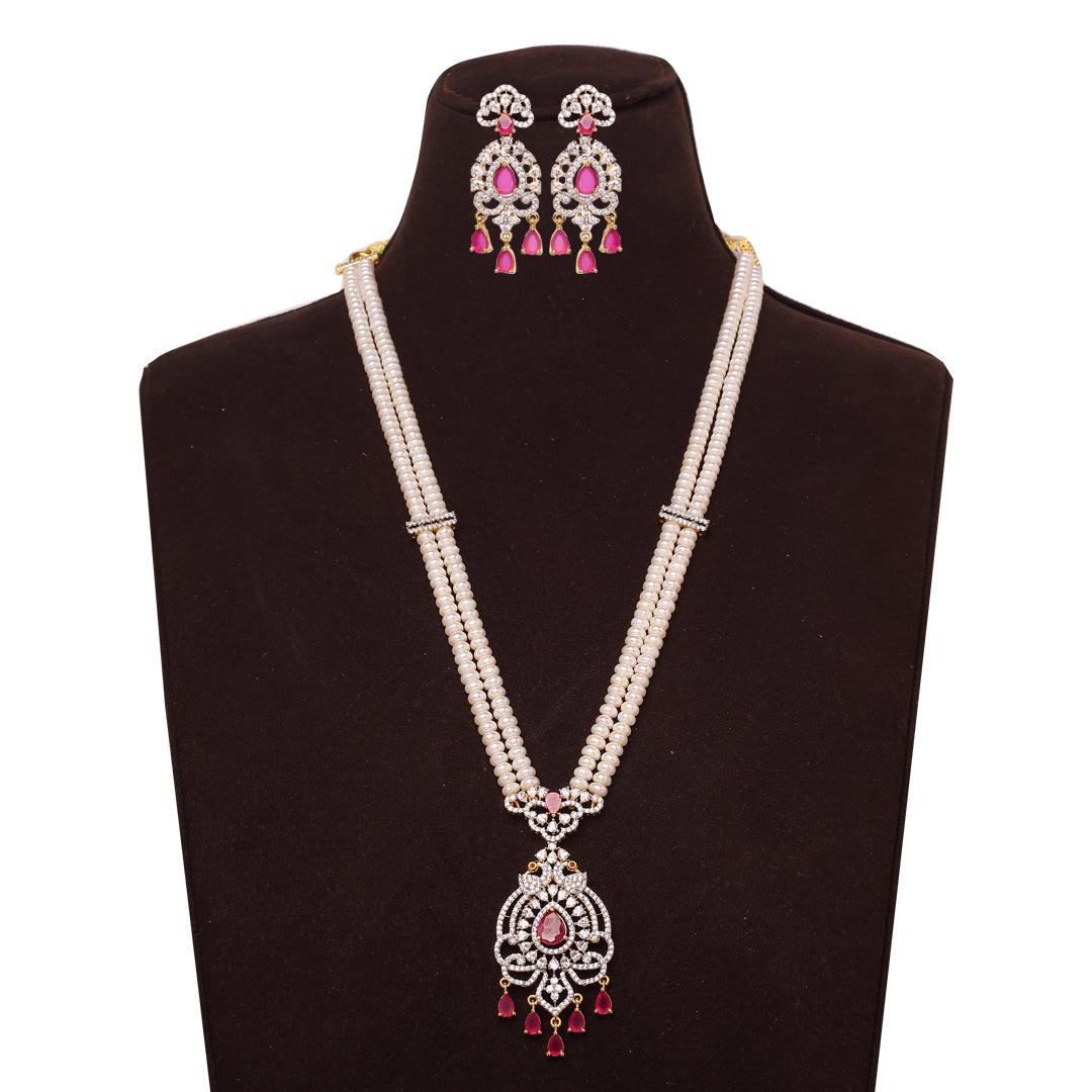 2-Layered White Freshwater Pearl Set with Red Stone Studded Pendant