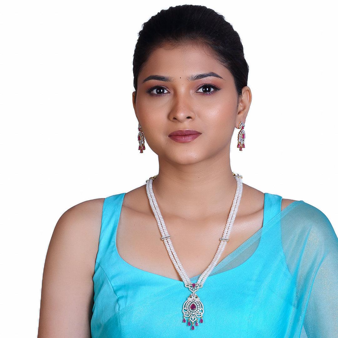 2-Layered White Freshwater Pearl Set with Red Stone Studded Pendant