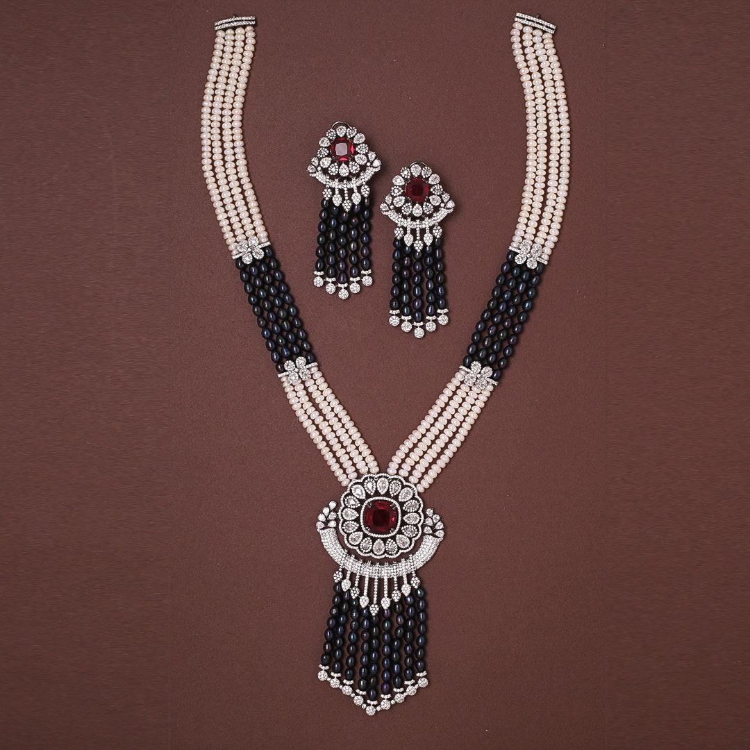 4-Layered Exclusive Rani Haar with Freshwater Pearls & CZ Semi-Precious Stones Necklace Set