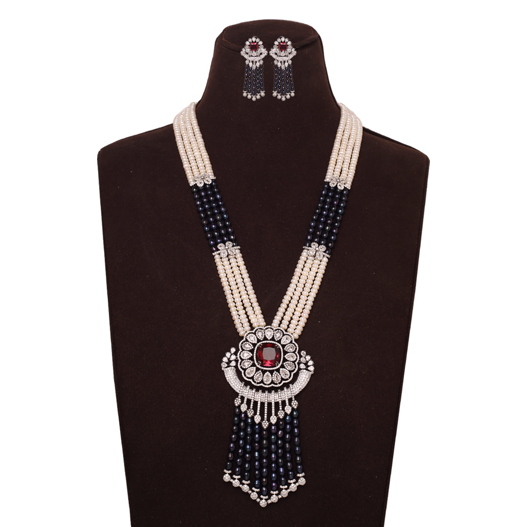 4-Layered Exclusive Rani Haar with Freshwater Pearls & CZ Semi-Precious Stones Necklace Set