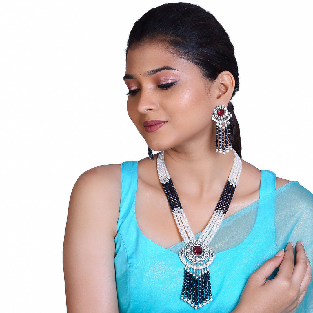 4-Layered Exclusive Rani Haar with Freshwater Pearls & CZ Semi-Precious Stones Necklace Set