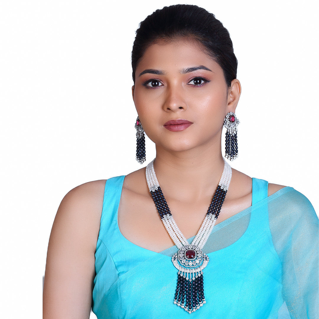 4-Layered Exclusive Rani Haar with Freshwater Pearls & CZ Semi-Precious Stones Necklace Set