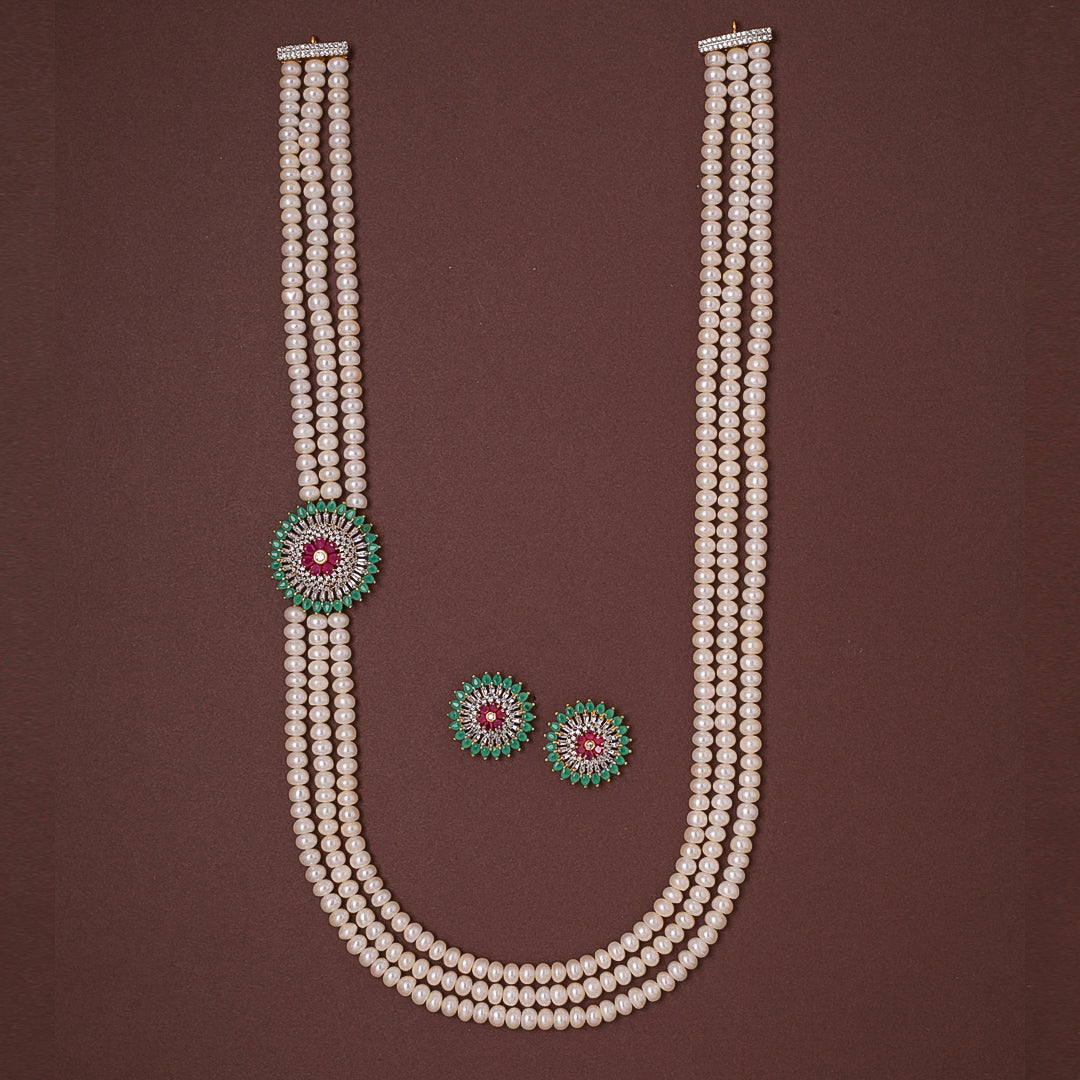 3-Layered Radiant Pearl & Semi-Precious Side Pendant Necklace Set